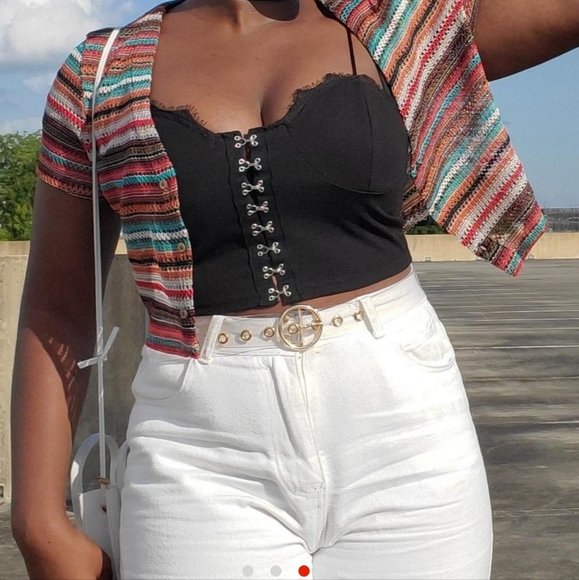 V Neck Button Striped Multicolor Crop Top SHEIN - Picture 3 of 4